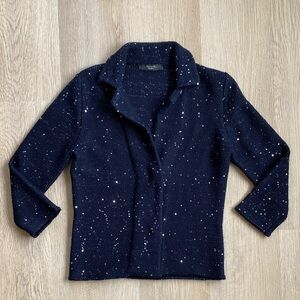 Max Mara Weekend Navy Sequin Knit Blazer Jacket Sparkle Open Front Cardigan